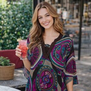 Maggie Barnes Women's XL 14/16 Blouse 3/4 Sleeve Geometric Brown Fuchsia V-Neck